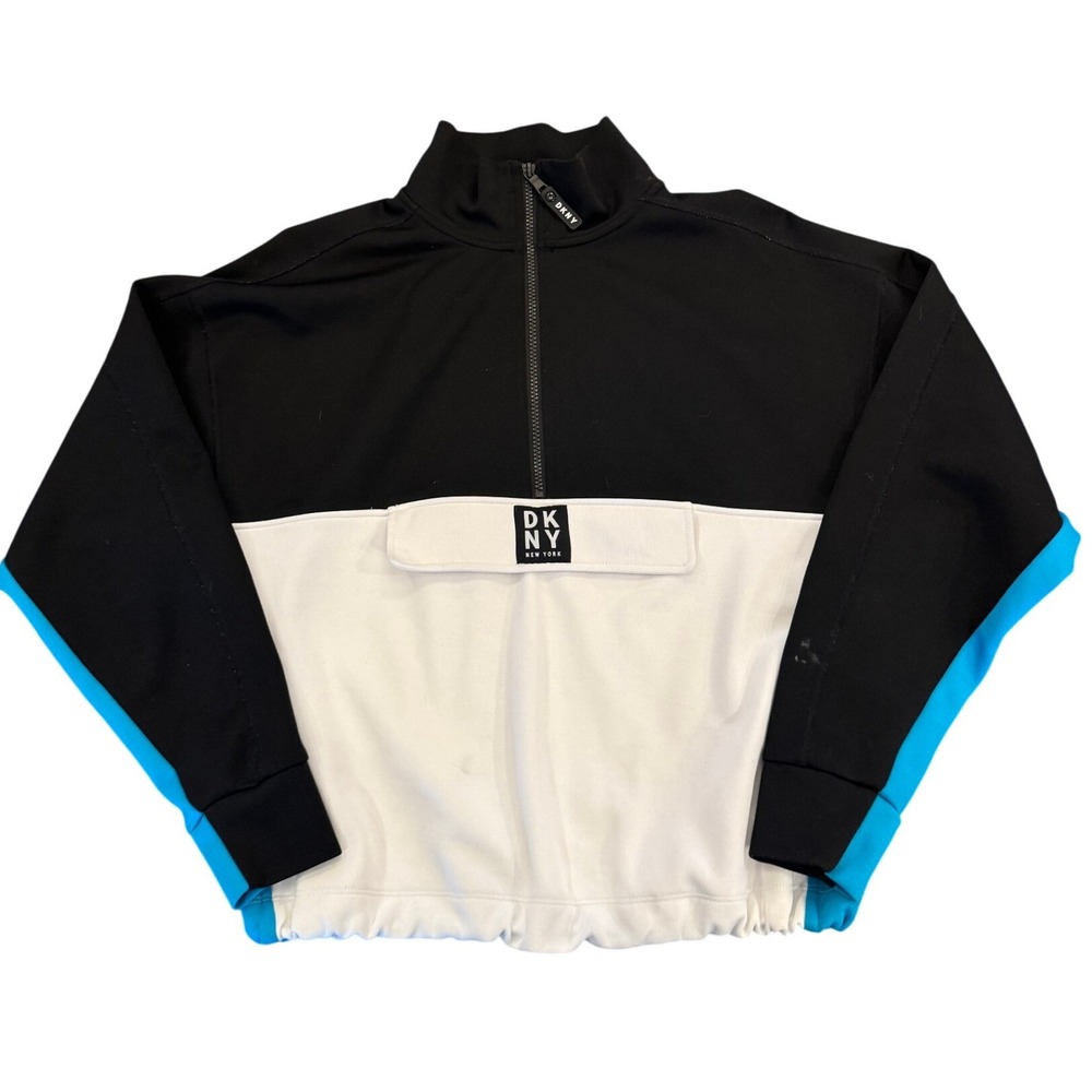 DKNY Sport Womens Quarter Zip Pullover Colorblock Sweatshirt Black White Blue S